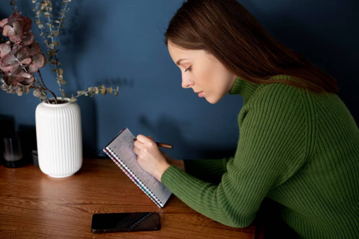 Young woman in green sweater writing in notebook at a table with a smartphone and flower vase beside her.