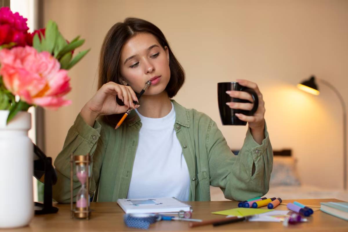 Young woman sitting at a desk, thinking while holding a pen and looking at her smartphone in a well-lit room.