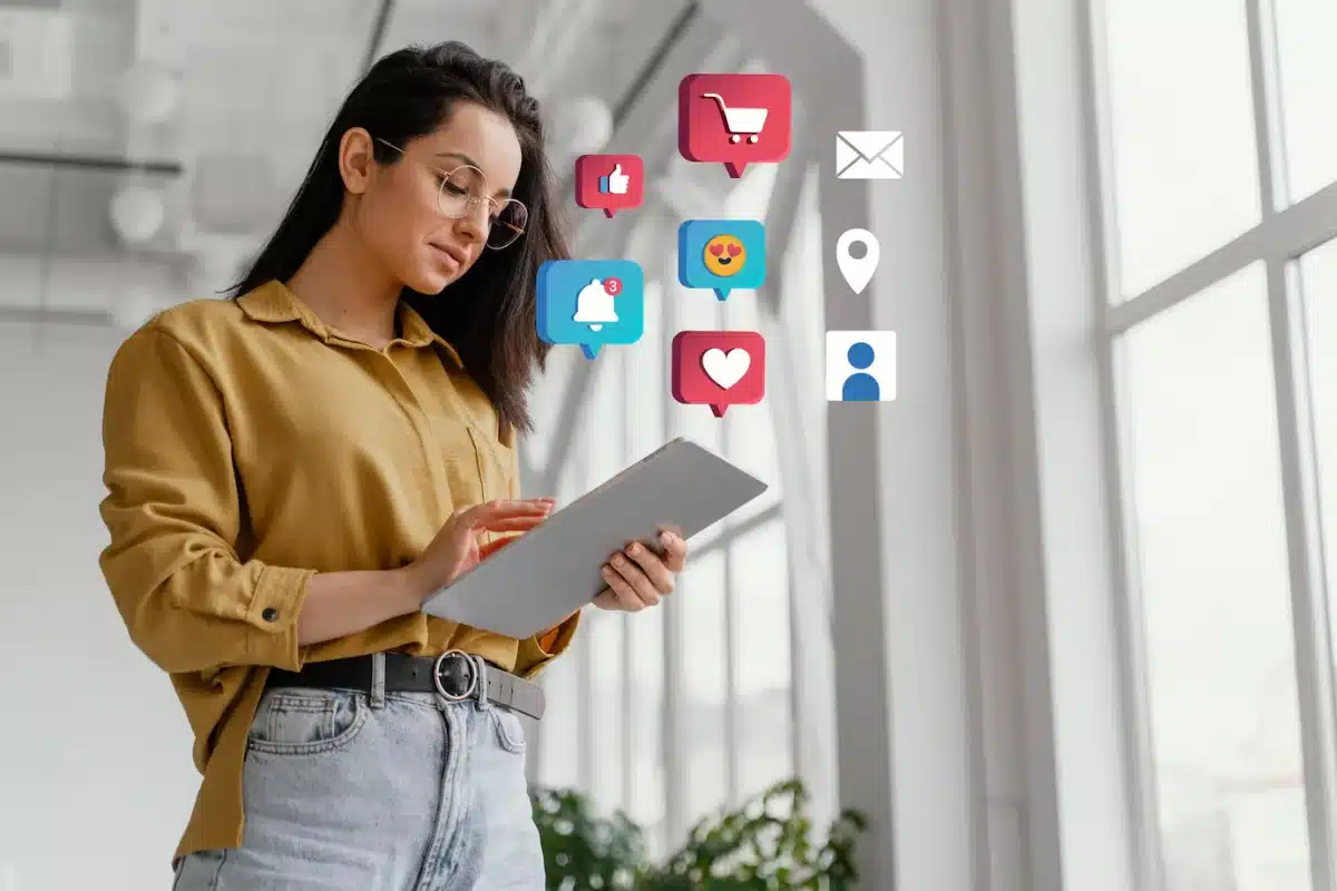 Woman using a tablet with floating social media icons around her in a bright office setting.