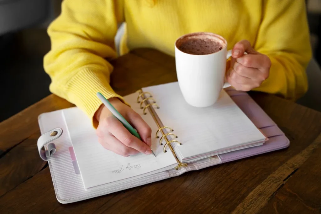 Person in a yellow jumper writing in a planner and holding a mug of hot chocolate.