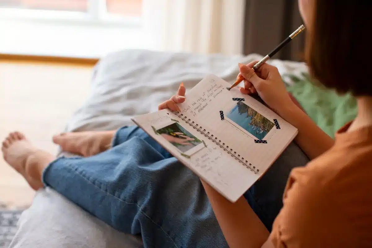 Woman sitting on a bed, writing in a notebook with photos and text.