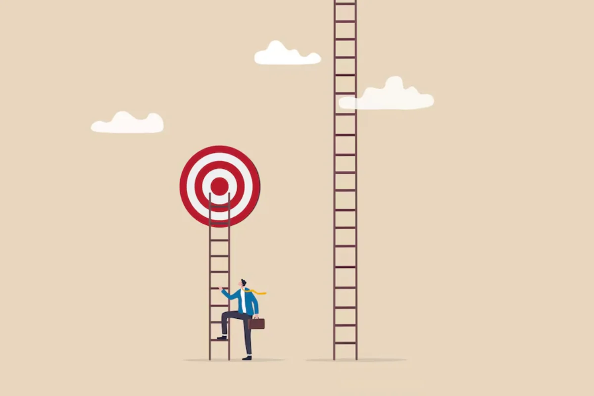 Businessman with a briefcase standing beside a tall ladder against a target, contemplating ascent, under a simple sky with clouds.